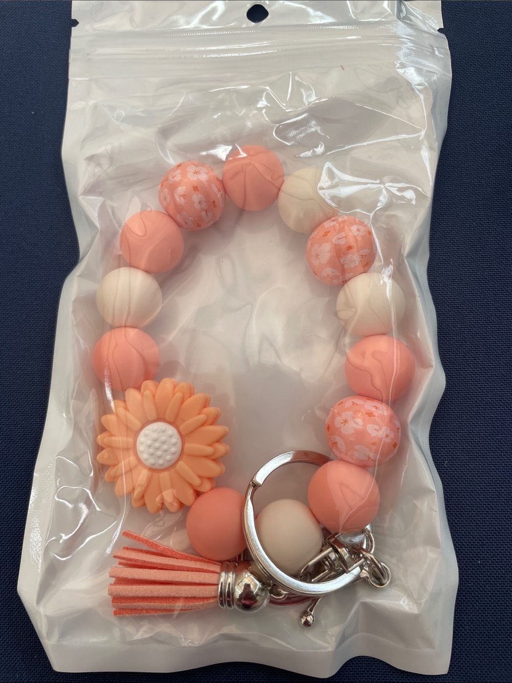 Peach Floral Bead Keychain Wristlet - Picture 1 of 1